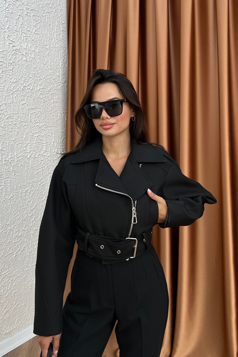 Kemerli Biker Ceket - SİYAH