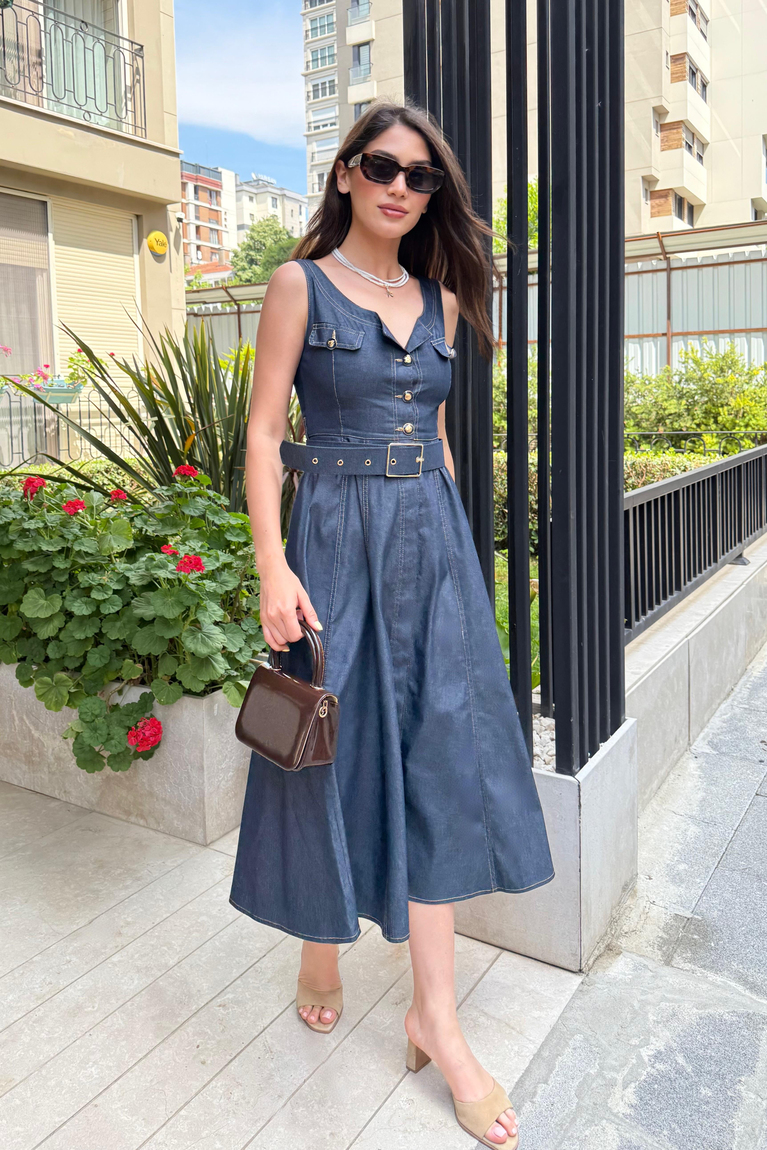 Kemerli Denim Elbise - LACİVERT