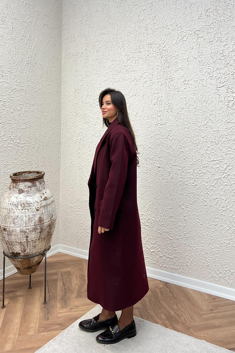 Kruvaze Yaka Uzun Kaban - BORDO