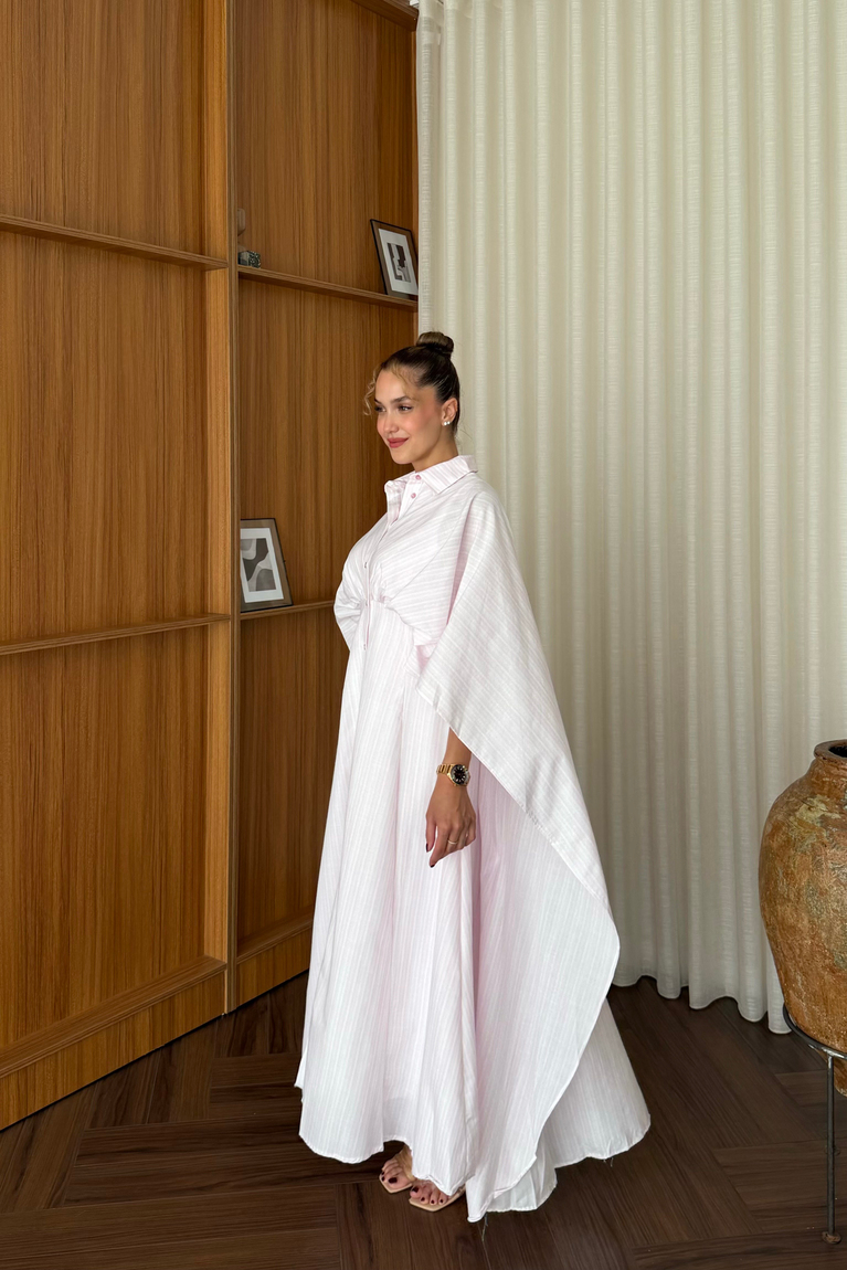 Pelerinli Çizgili Elbise - PEMBE