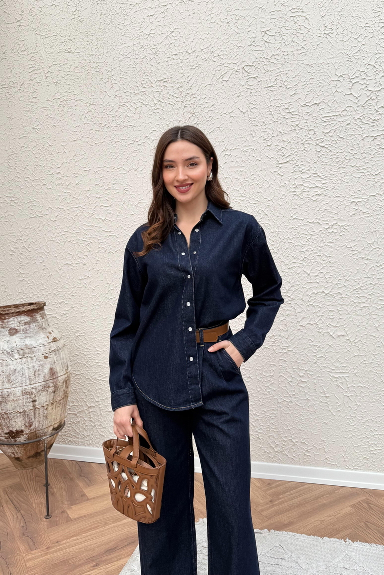 Pileli Denim Takım - LACİVERT