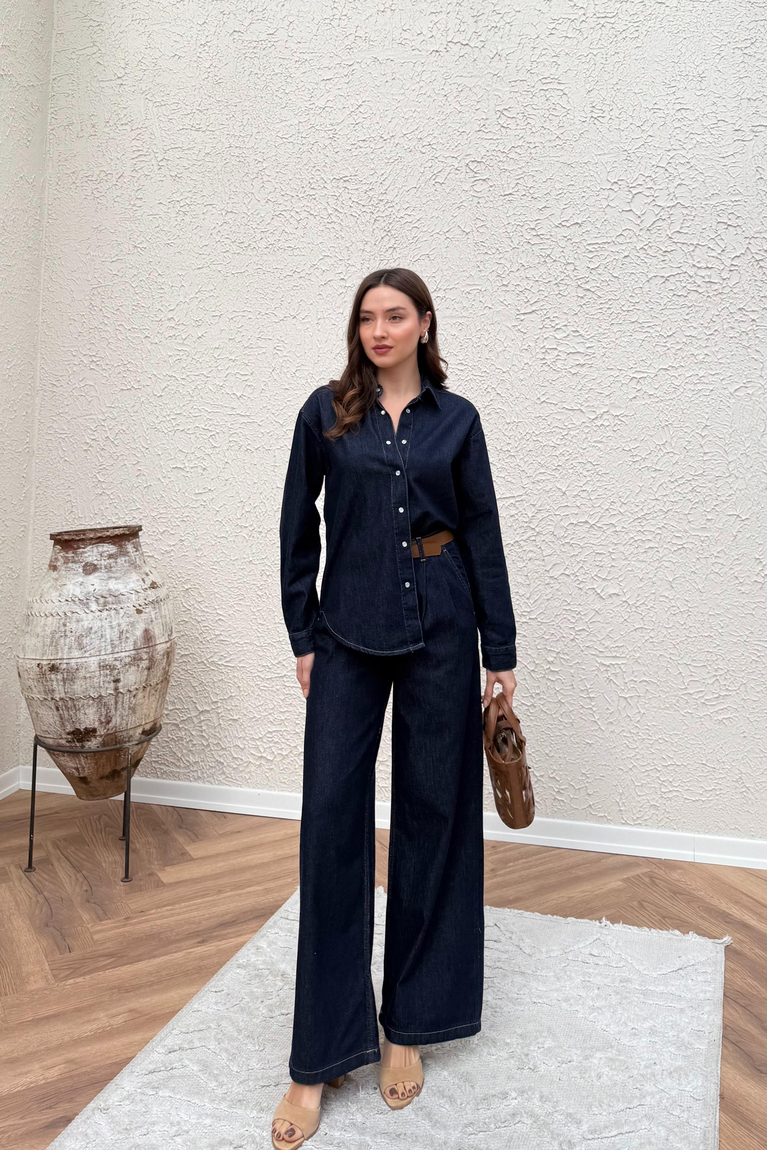Pileli Denim Takım - LACİVERT