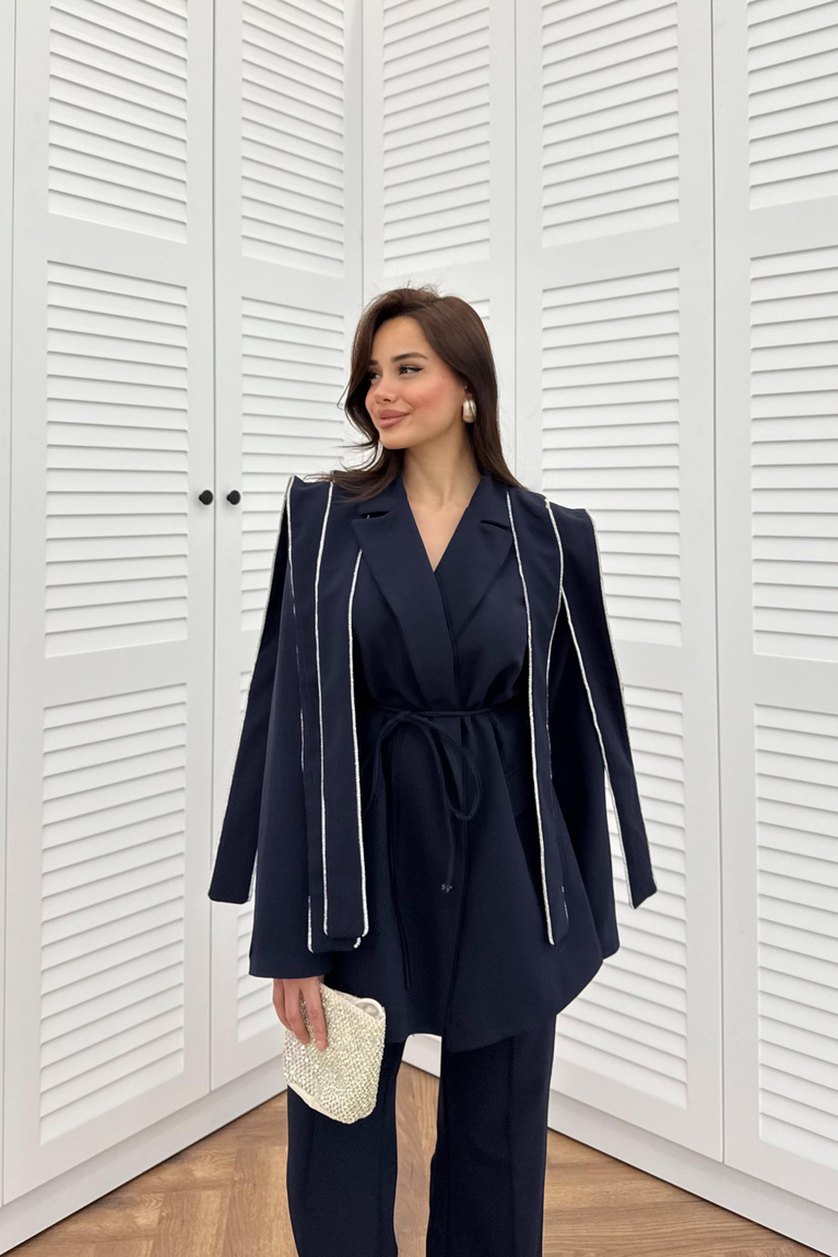 Tasarım Taşlı Pantolon Takım - LACİVERT
