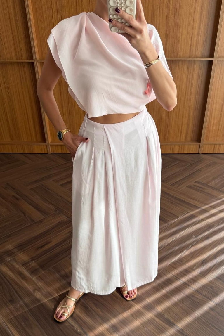 Tensel Etekli Pantolon - PEMBE