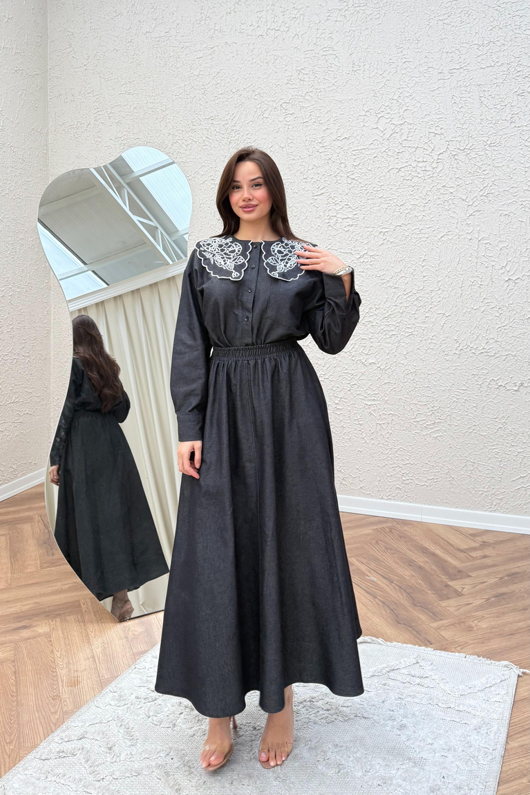 Yaka Nakışlı Denim Etekli Takım - SİYAH