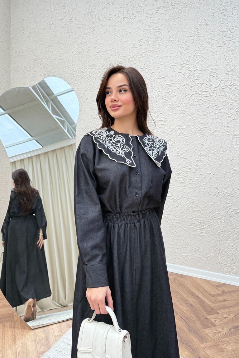 Yaka Nakışlı Denim Etekli Takım - SİYAH
