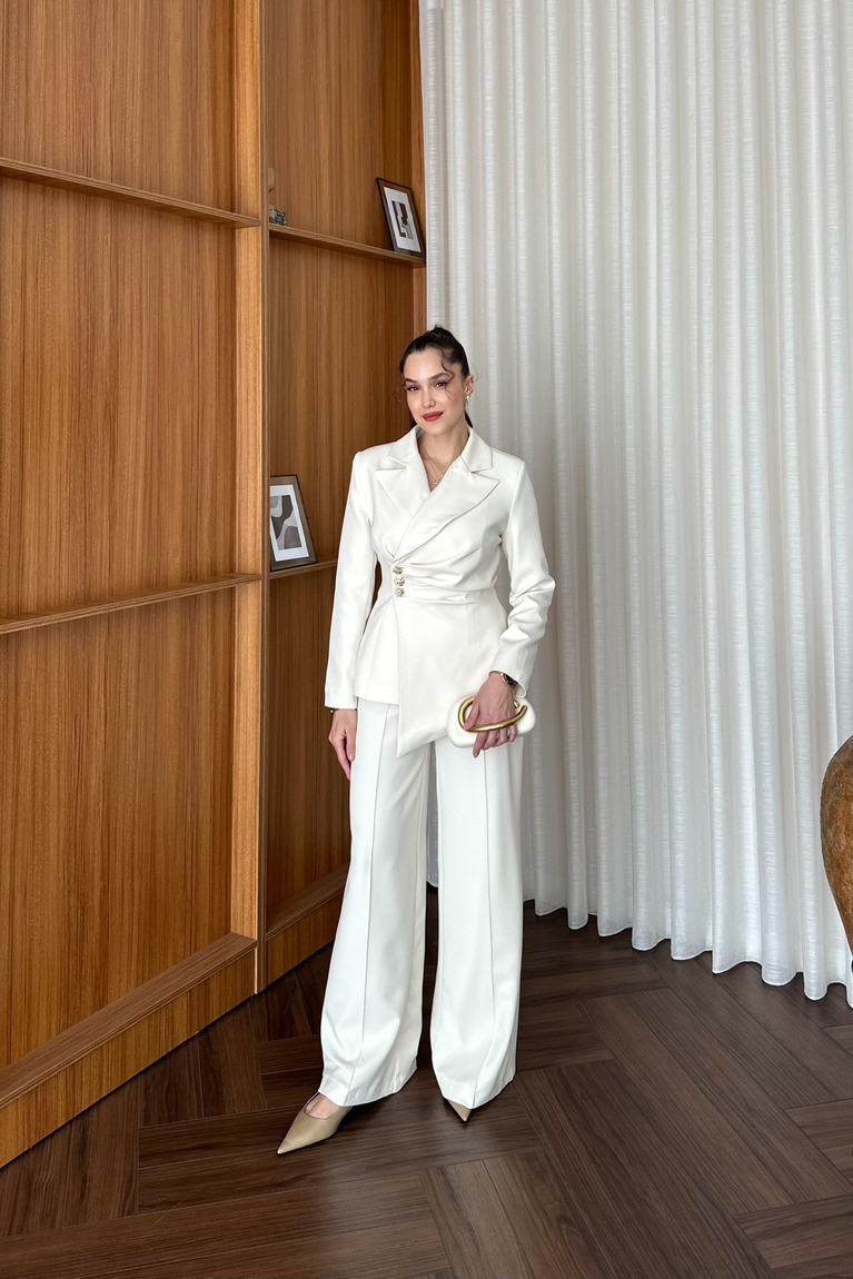 Asimetrik Blazer Pantolon Takım - EKRU