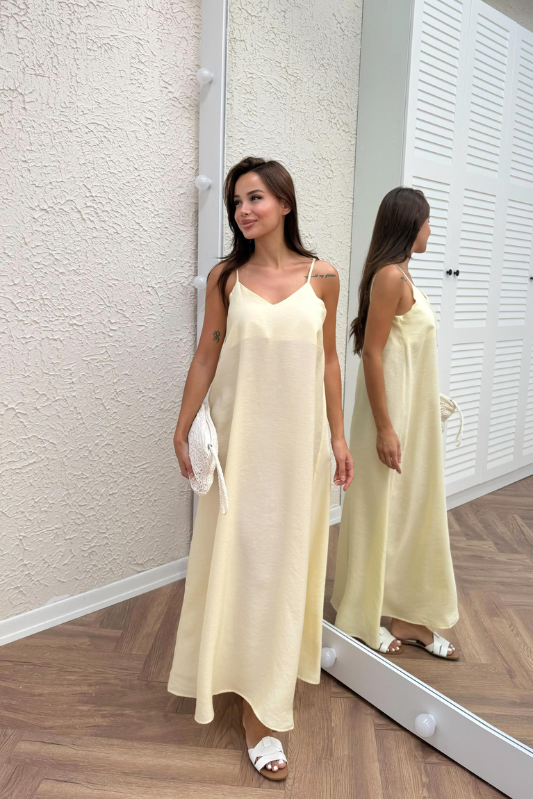 Askılı Tensel Uzun Elbise - SARI