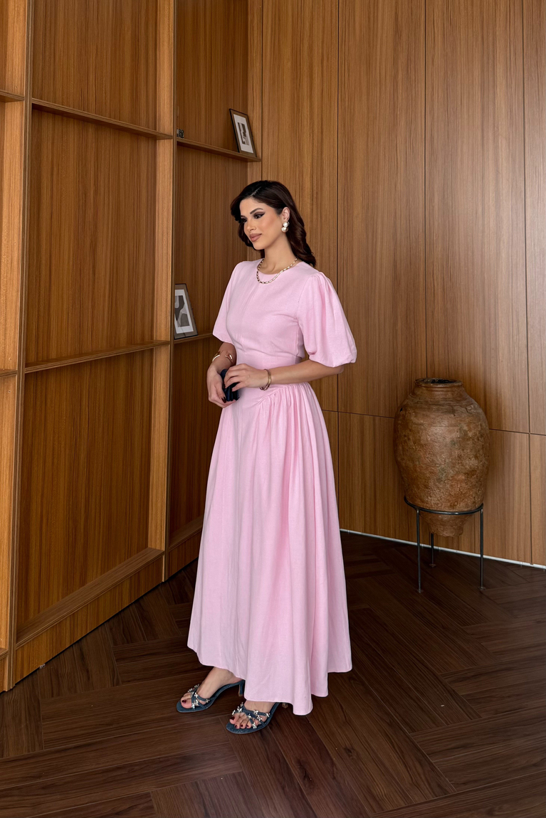 Balon Kol Keten Elbise - PEMBE