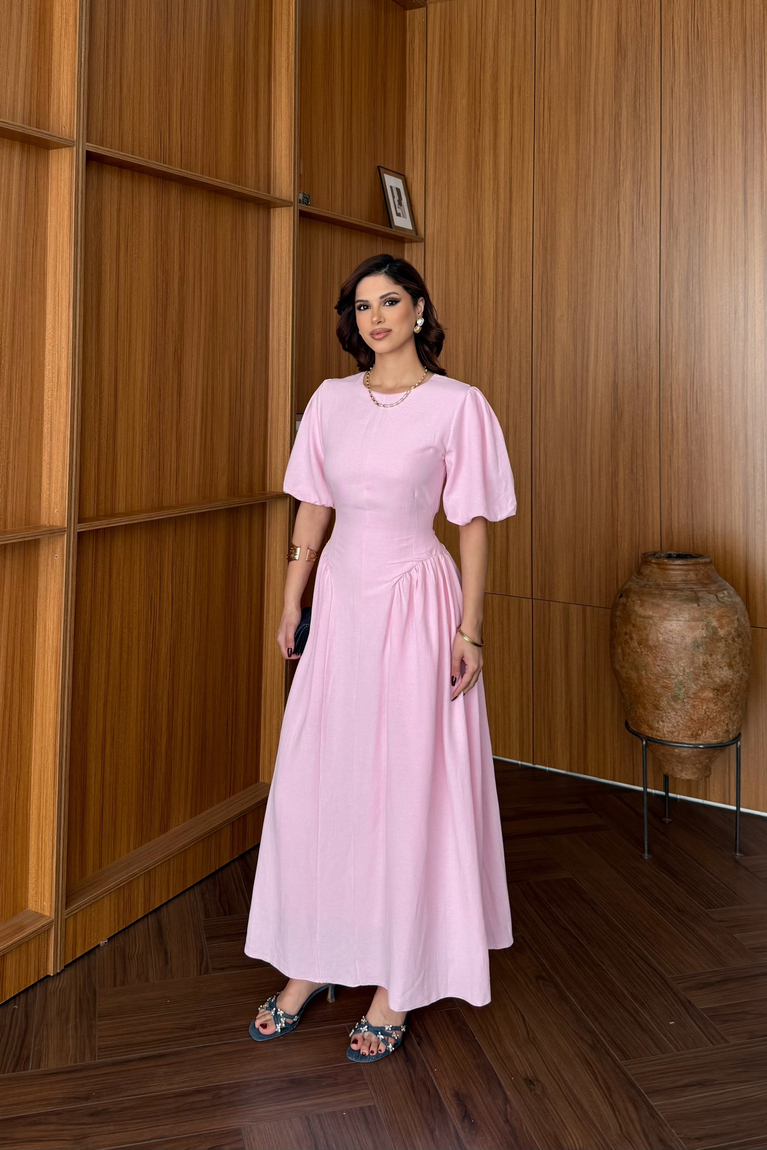 Balon Kol Keten Elbise - PEMBE