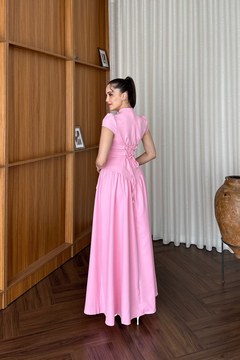 Bel Detaylı Elbise - PEMBE
