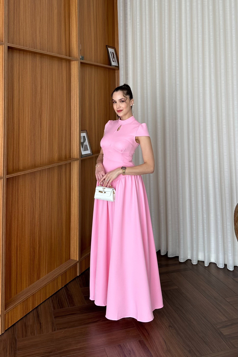 Bel Detaylı Elbise - PEMBE