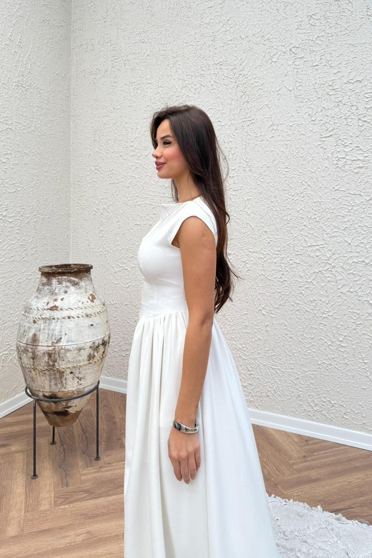 Belden Oturtmalı Balon Elbise - BEYAZ