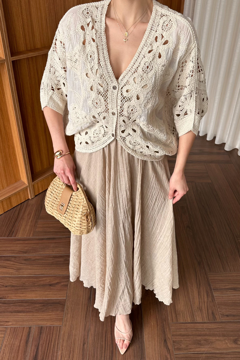 Brode İşlemeli Kimono - BEJ