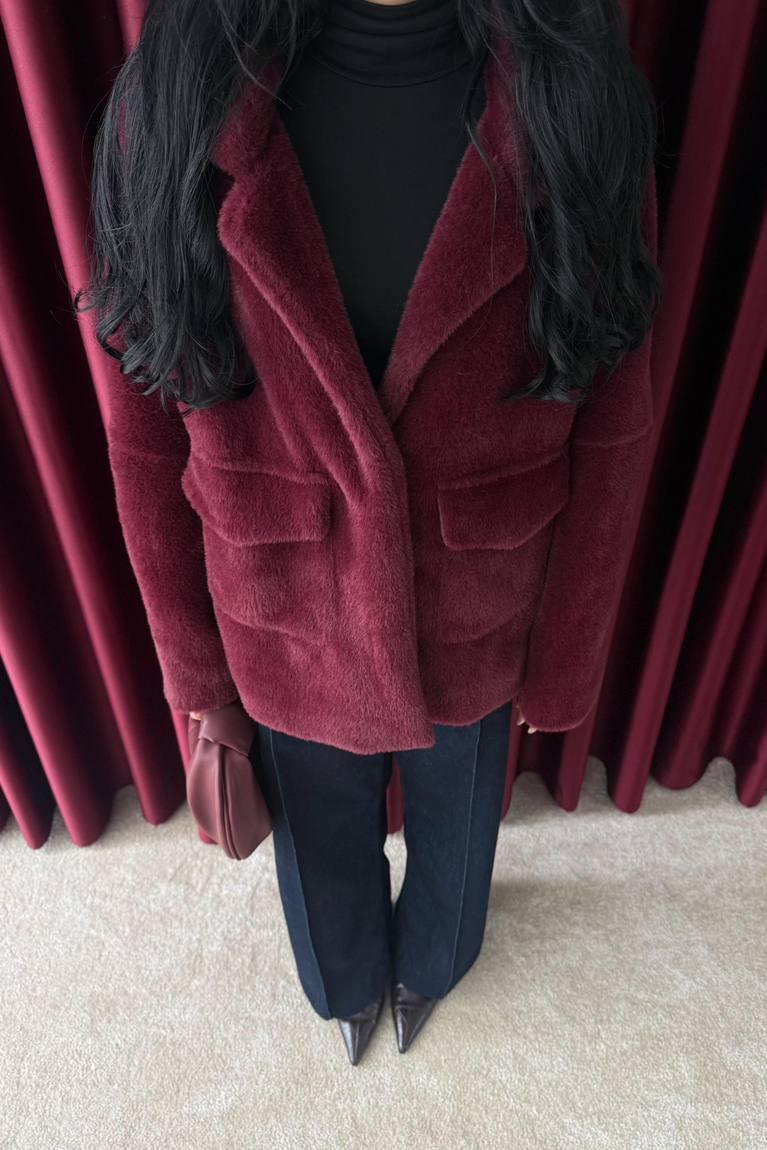 Çift Cepli Peluş Ceket - BORDO