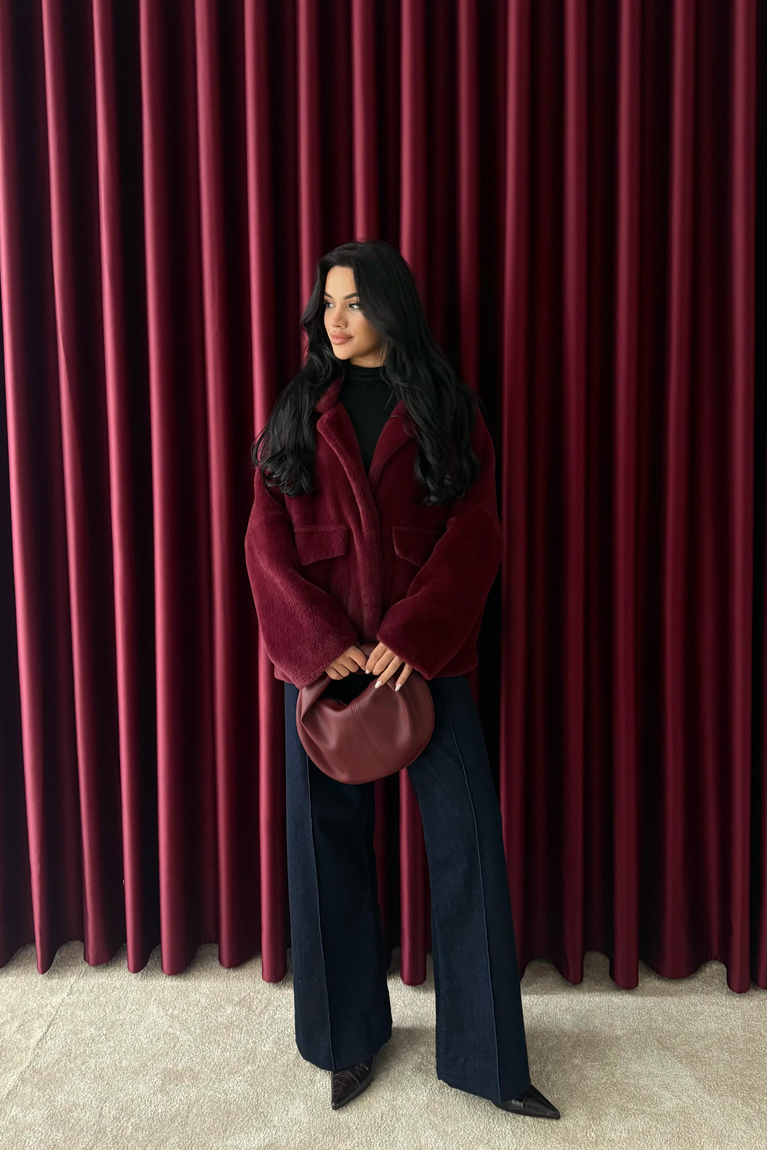 Çift Cepli Peluş Ceket - BORDO