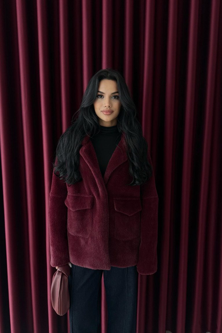 Çift Cepli Peluş Ceket - BORDO