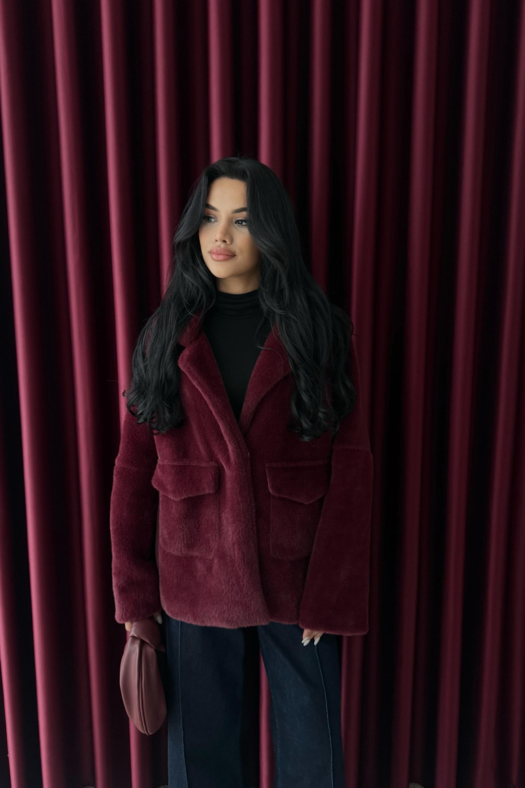 Çift Cepli Peluş Ceket - BORDO