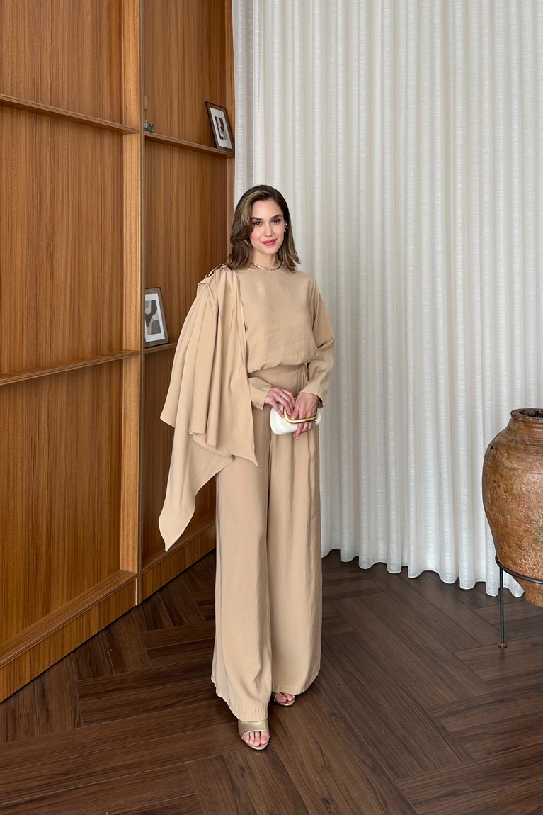 Damla Aksesuarlı Pantolon Takım - CAMEL