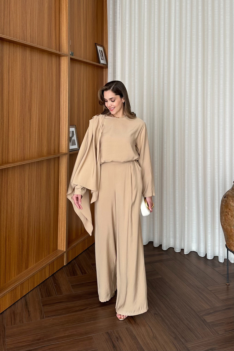 Damla Aksesuarlı Pantolon Takım - CAMEL