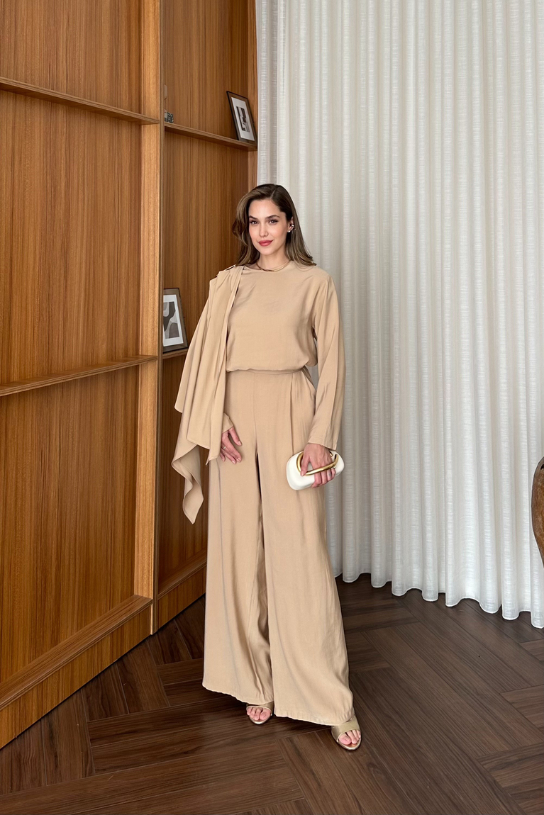 Damla Aksesuarlı Pantolon Takım - CAMEL
