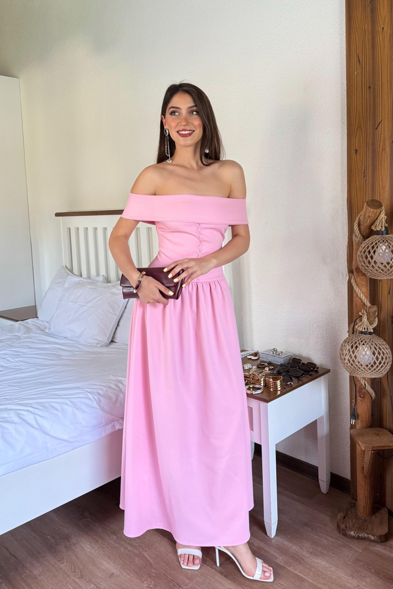 Dantel Detaylı Krep Elbise - PEMBE