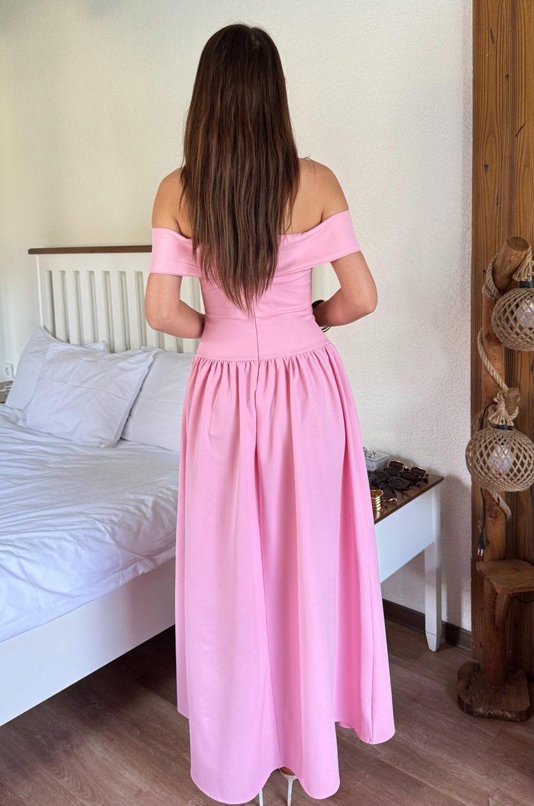 Dantel Detaylı Krep Elbise - PEMBE