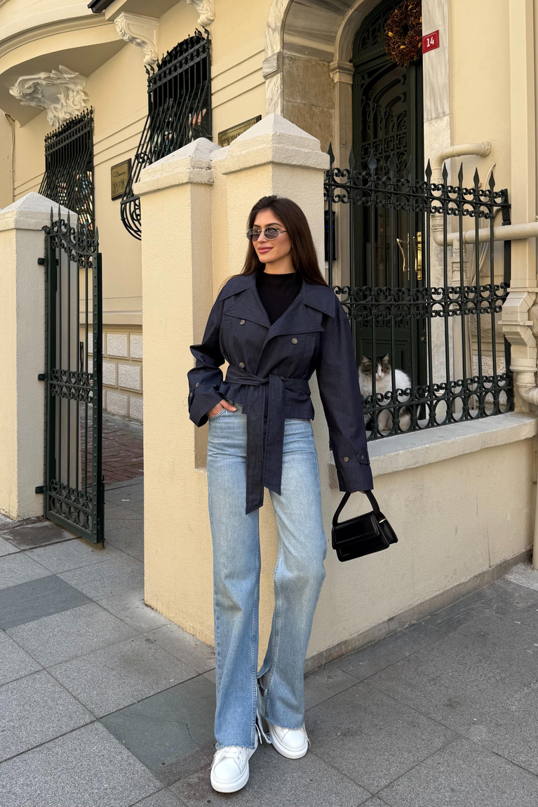 Denim Kısa Trençkot - LACİVERT