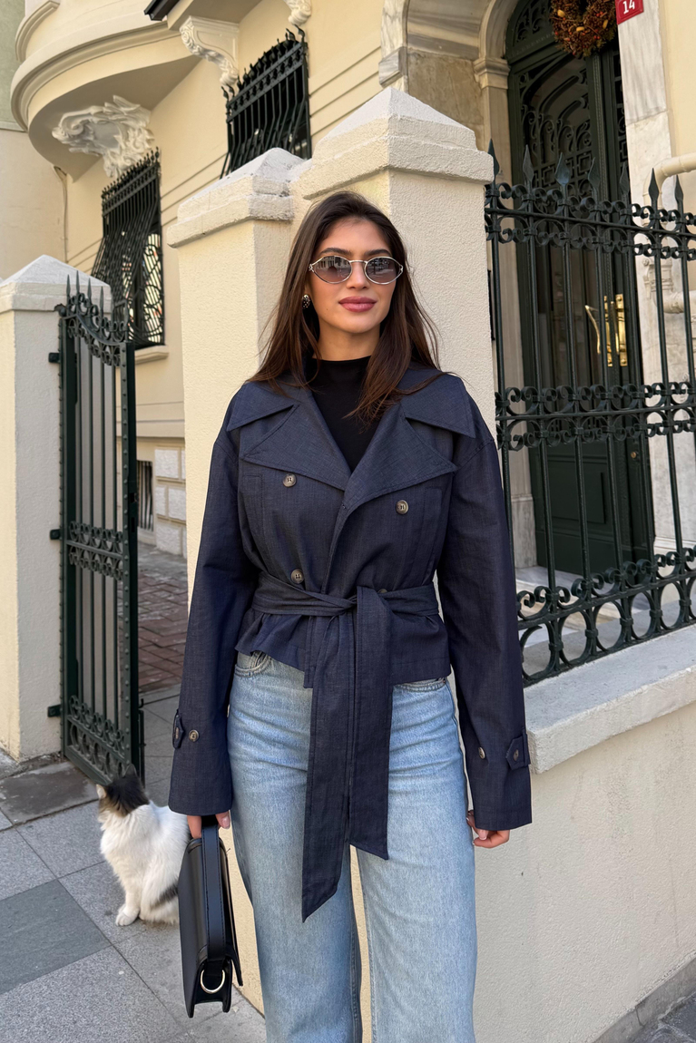 Denim Kısa Trençkot - LACİVERT