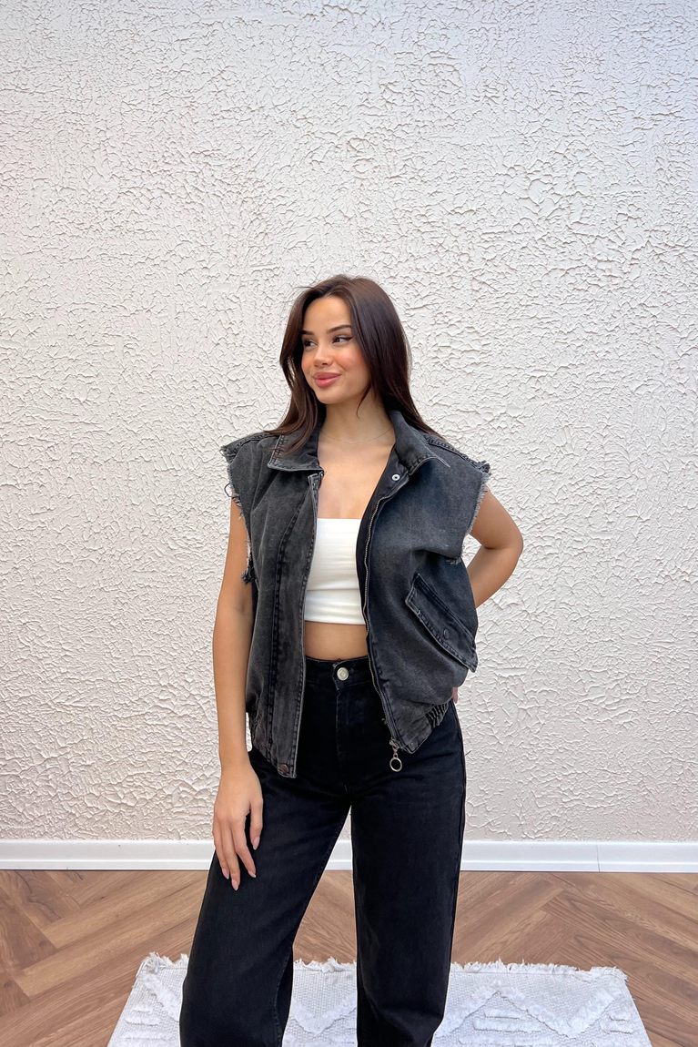 Denim Kot Yelek - SİYAH