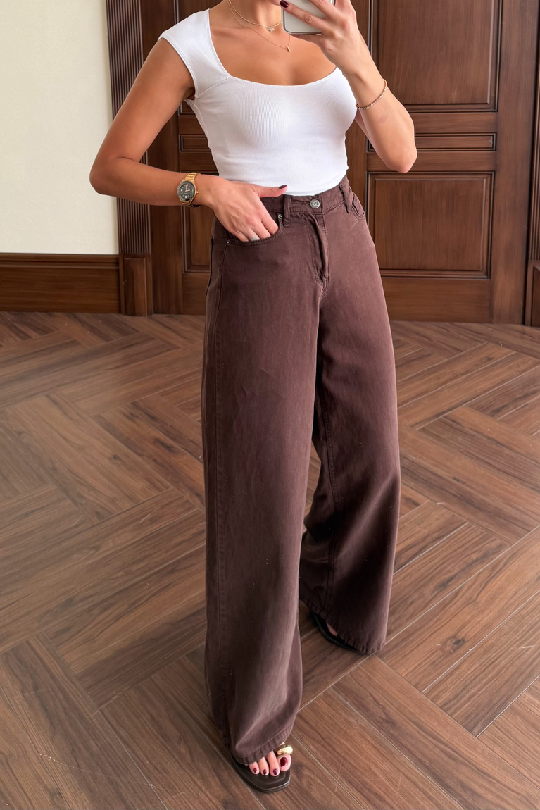 Denim Tensel Palazzo Pantolon - KAHVE