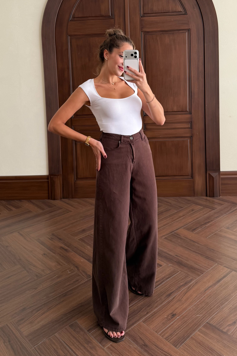 Denim Tensel Palazzo Pantolon - KAHVE