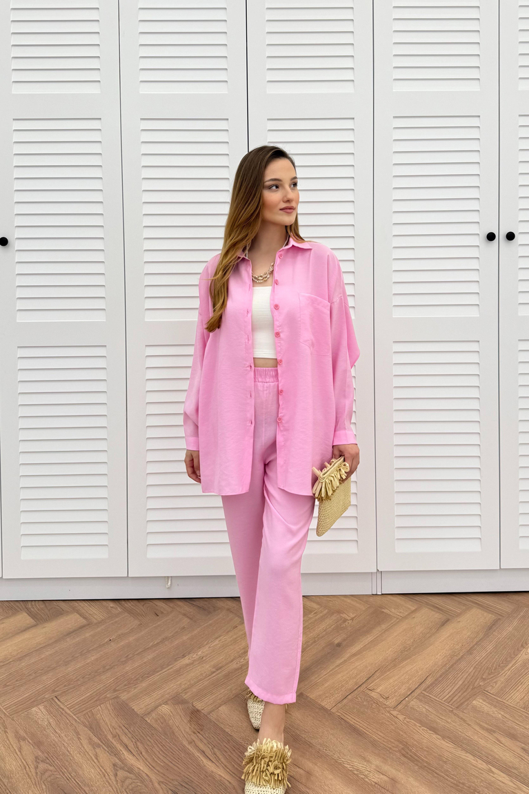 Düğmeli Modal Pantolonlu Takım - PEMBE