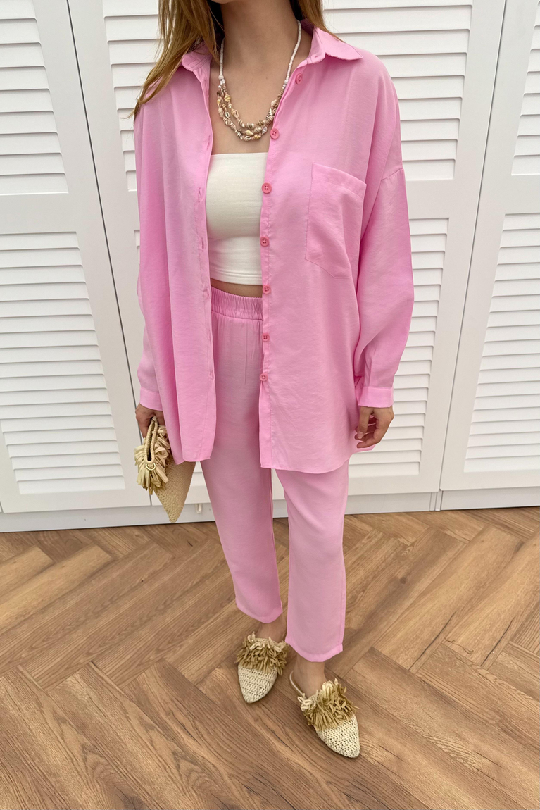 Düğmeli Modal Pantolonlu Takım - PEMBE