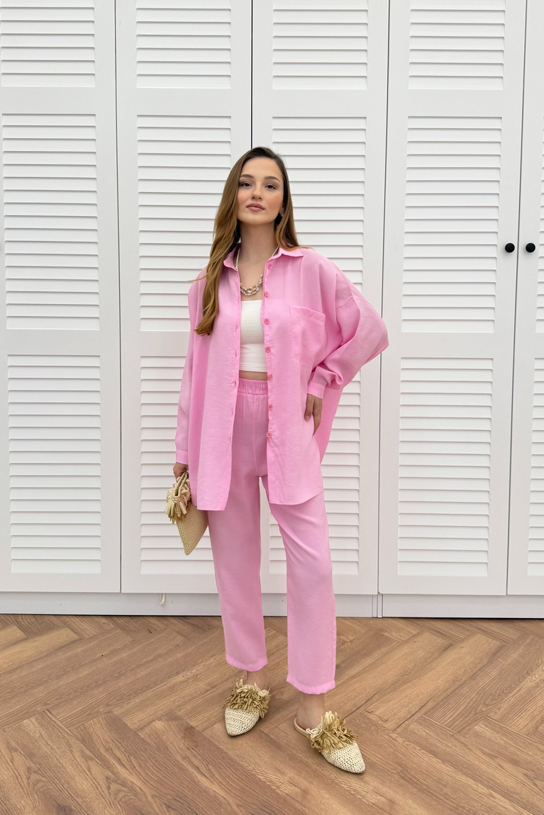 Düğmeli Modal Pantolonlu Takım - PEMBE
