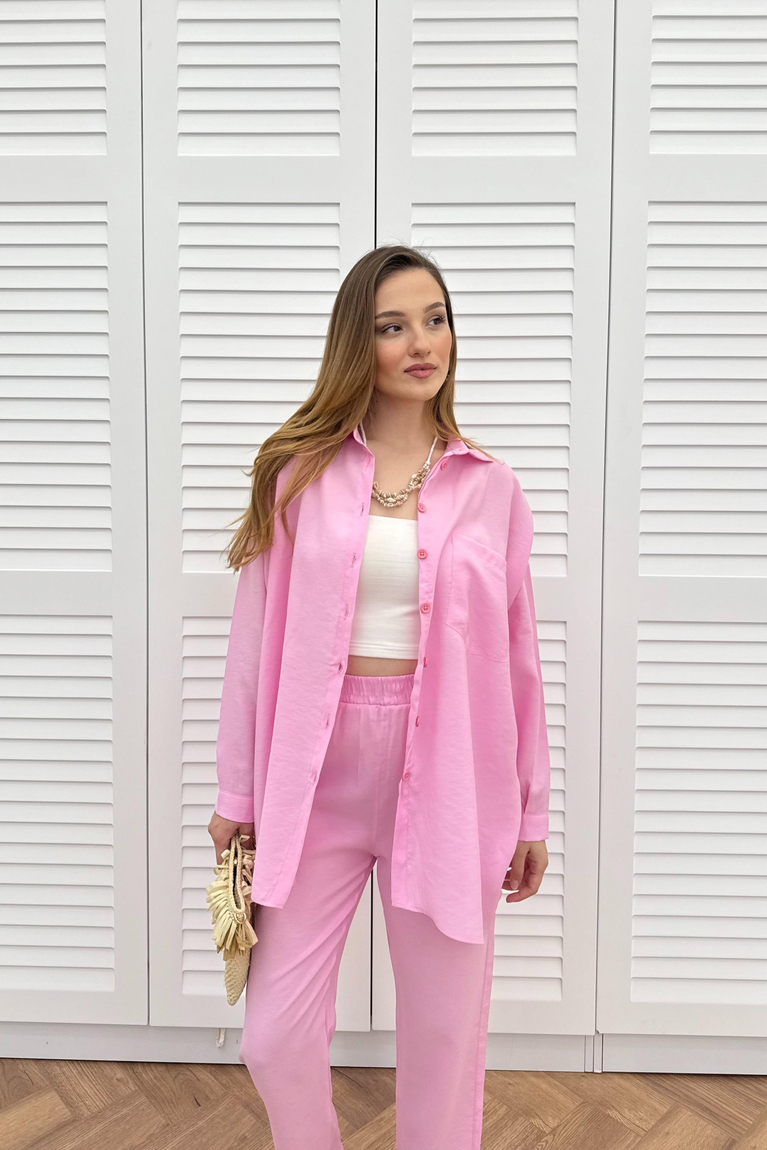 Düğmeli Modal Pantolonlu Takım - PEMBE