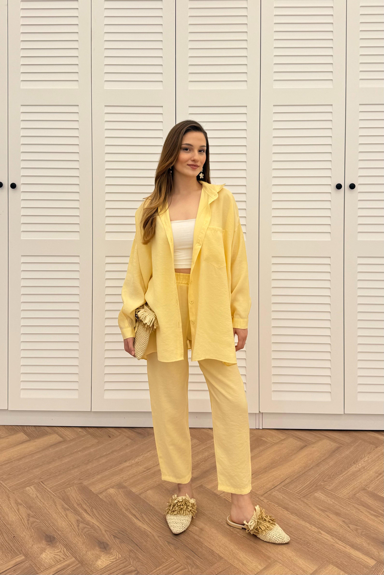 Düğmeli Modal Pantolonlu Takım - SARI