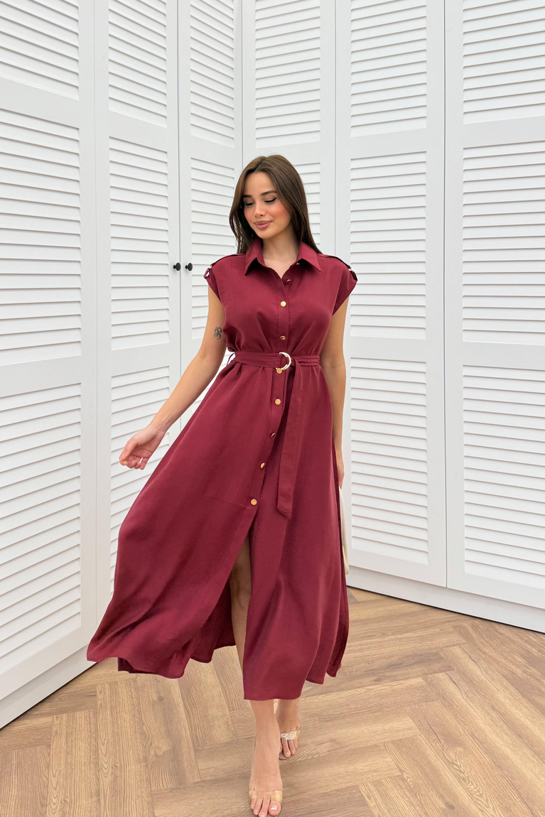Düğmeli Sıfır Kol Elbise - BORDO