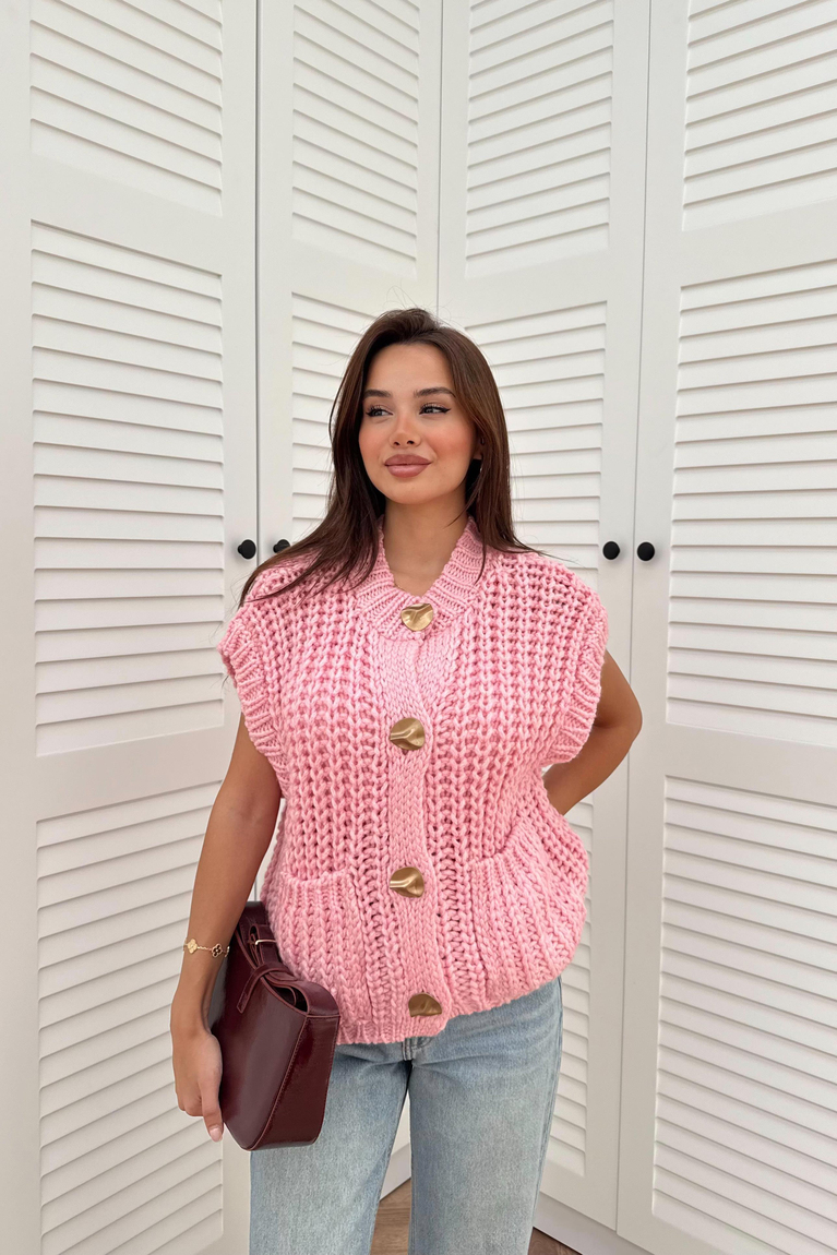 Gold Düğmeli Örme Yelek - PEMBE