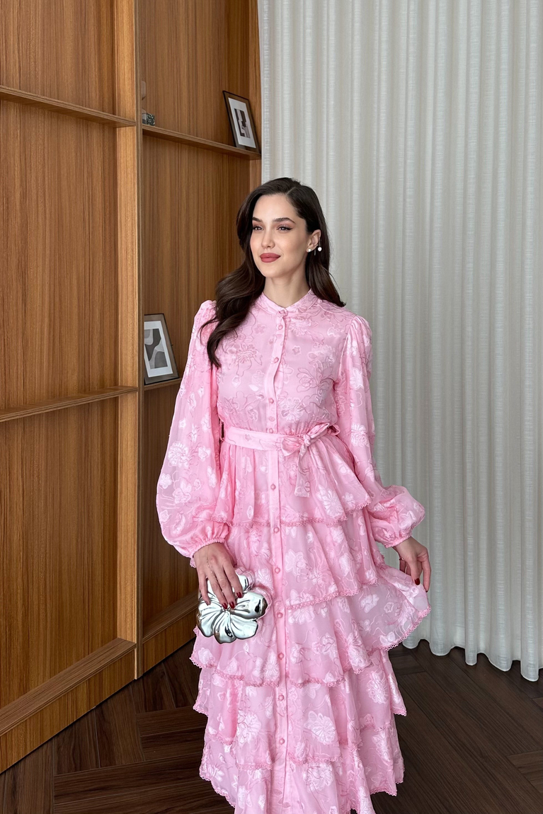 Kat Kat Nakışlı Elbise - PEMBE