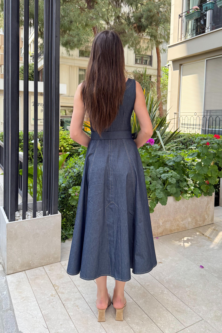 Kemerli Denim Elbise - LACİVERT