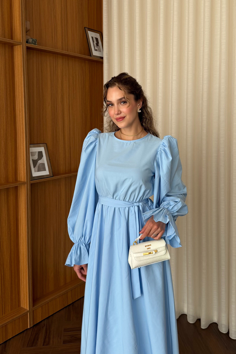 Kemerli Poplin Elbise - MAVİ
