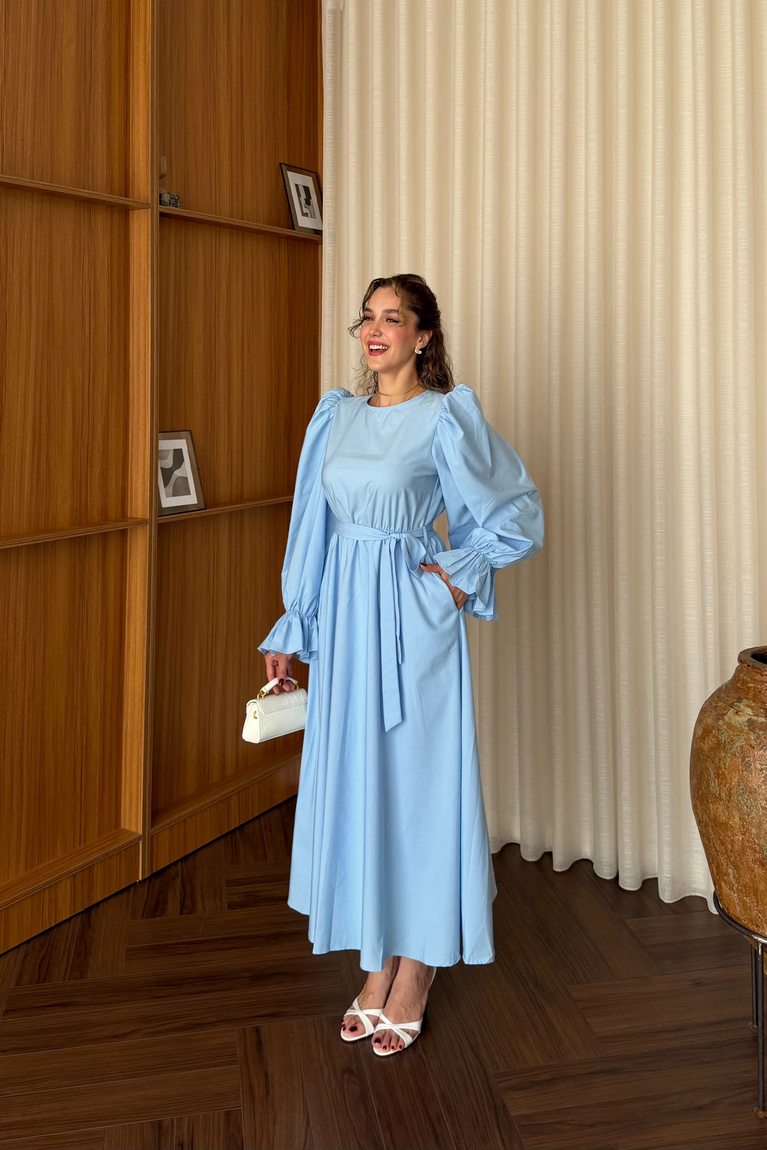 Kemerli Poplin Elbise - MAVİ