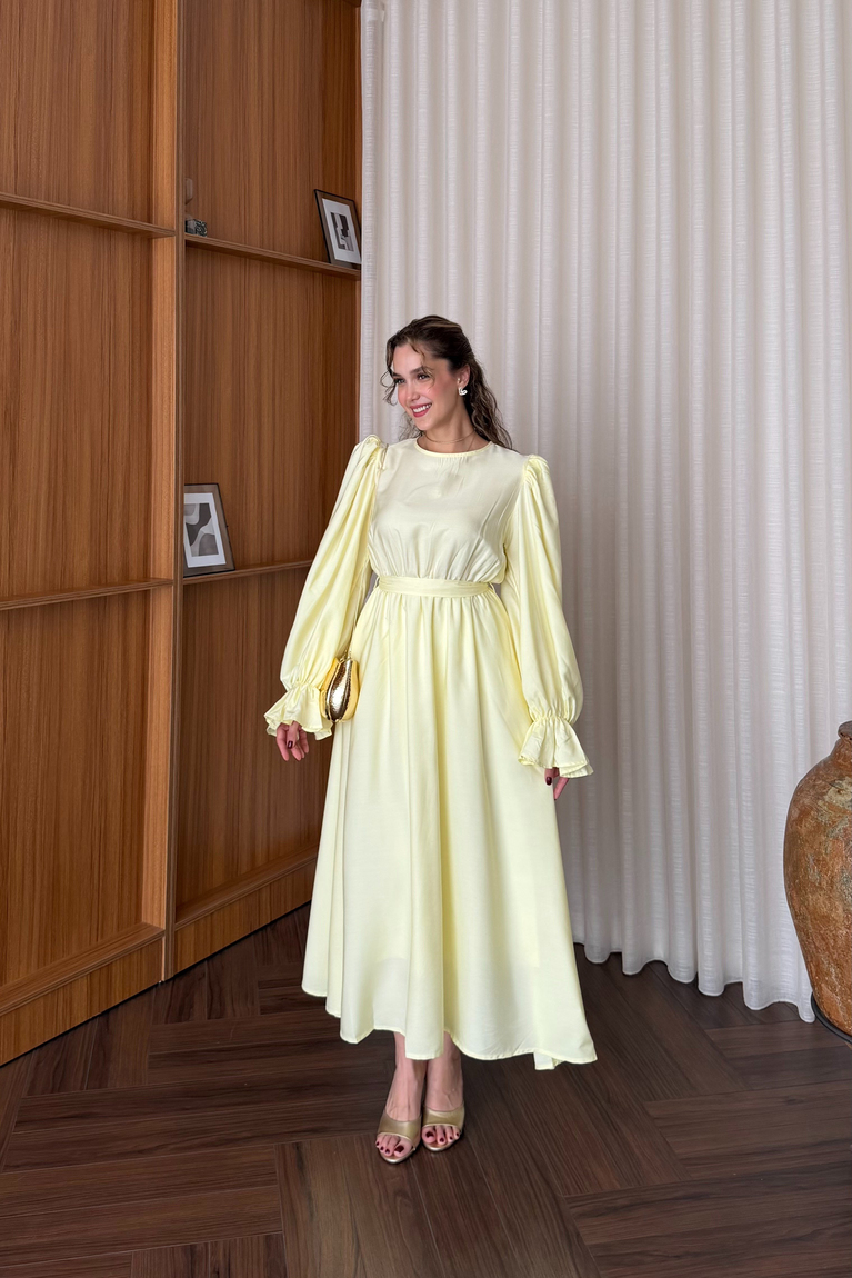 Kemerli Poplin Elbise - SARI