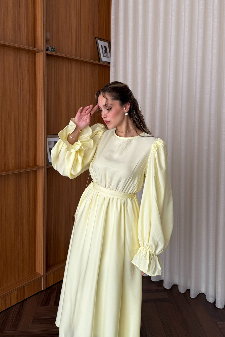 Kemerli Poplin Elbise - SARI