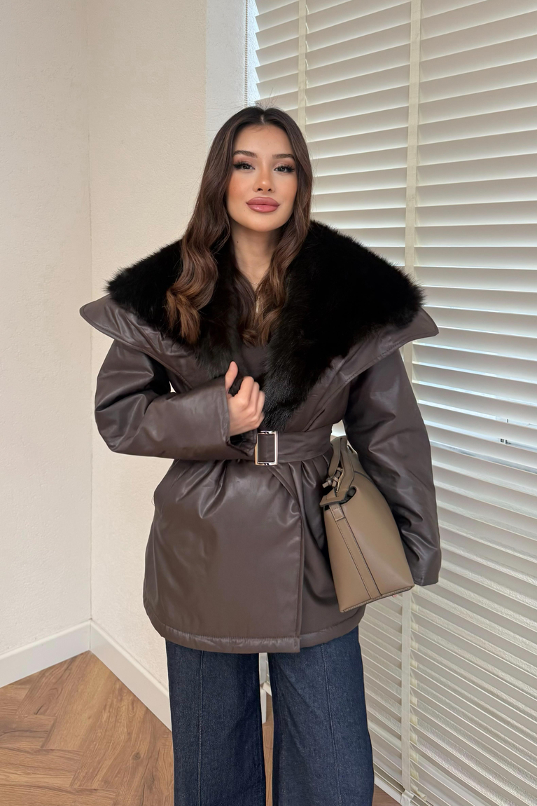 Kürk Yakalı Kuşaklı Mont - KAHVE