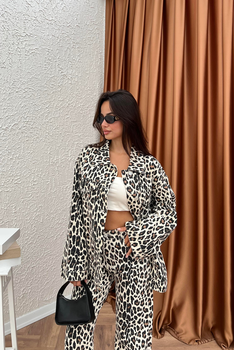 Leopar Desenlı Kot Ceket - BEJ