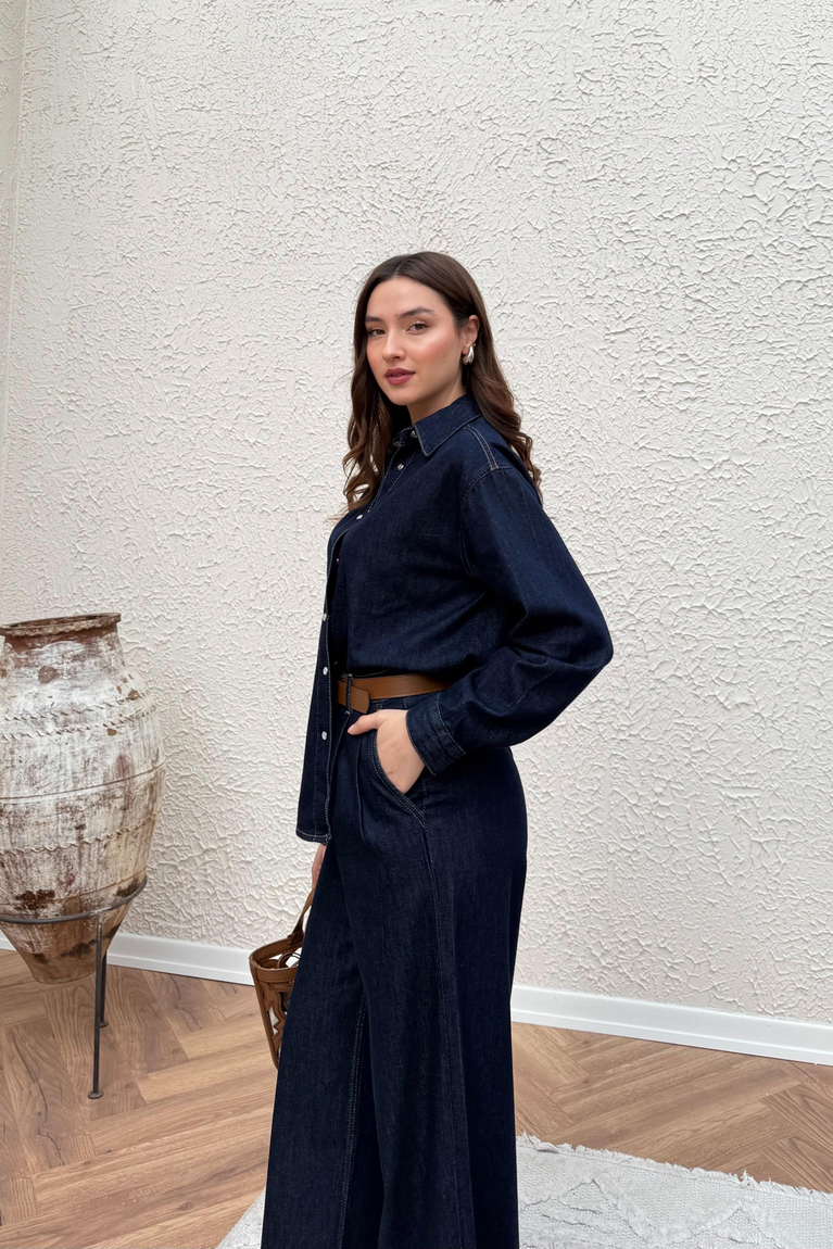 Pileli Denim Takım - LACİVERT