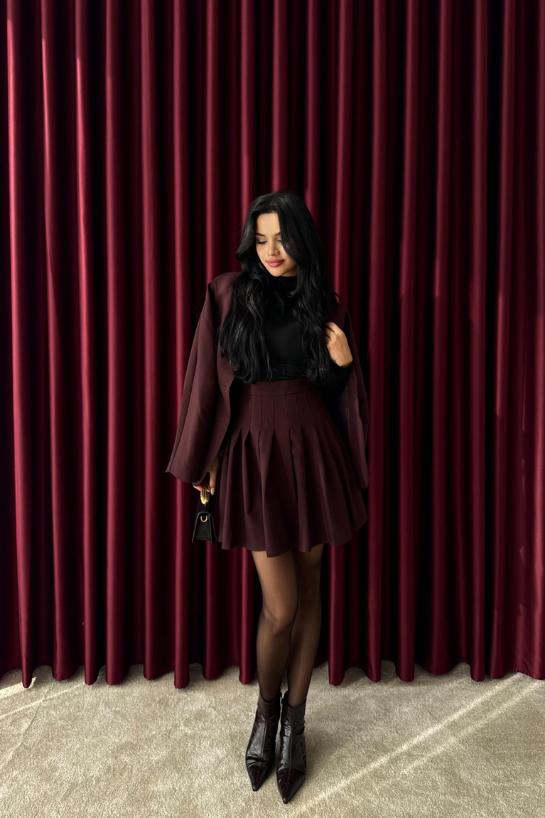 Pileli Mini Etek - BORDO