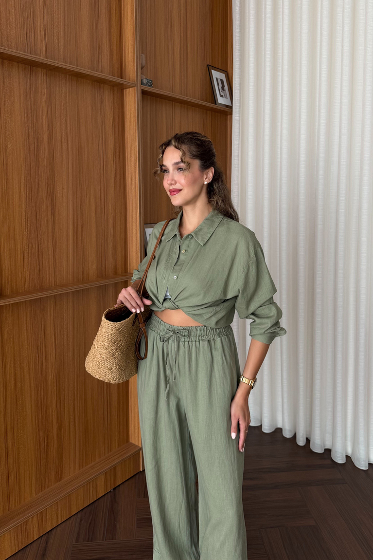 Premium Keten Pantolonlu Takım - HAKİ
